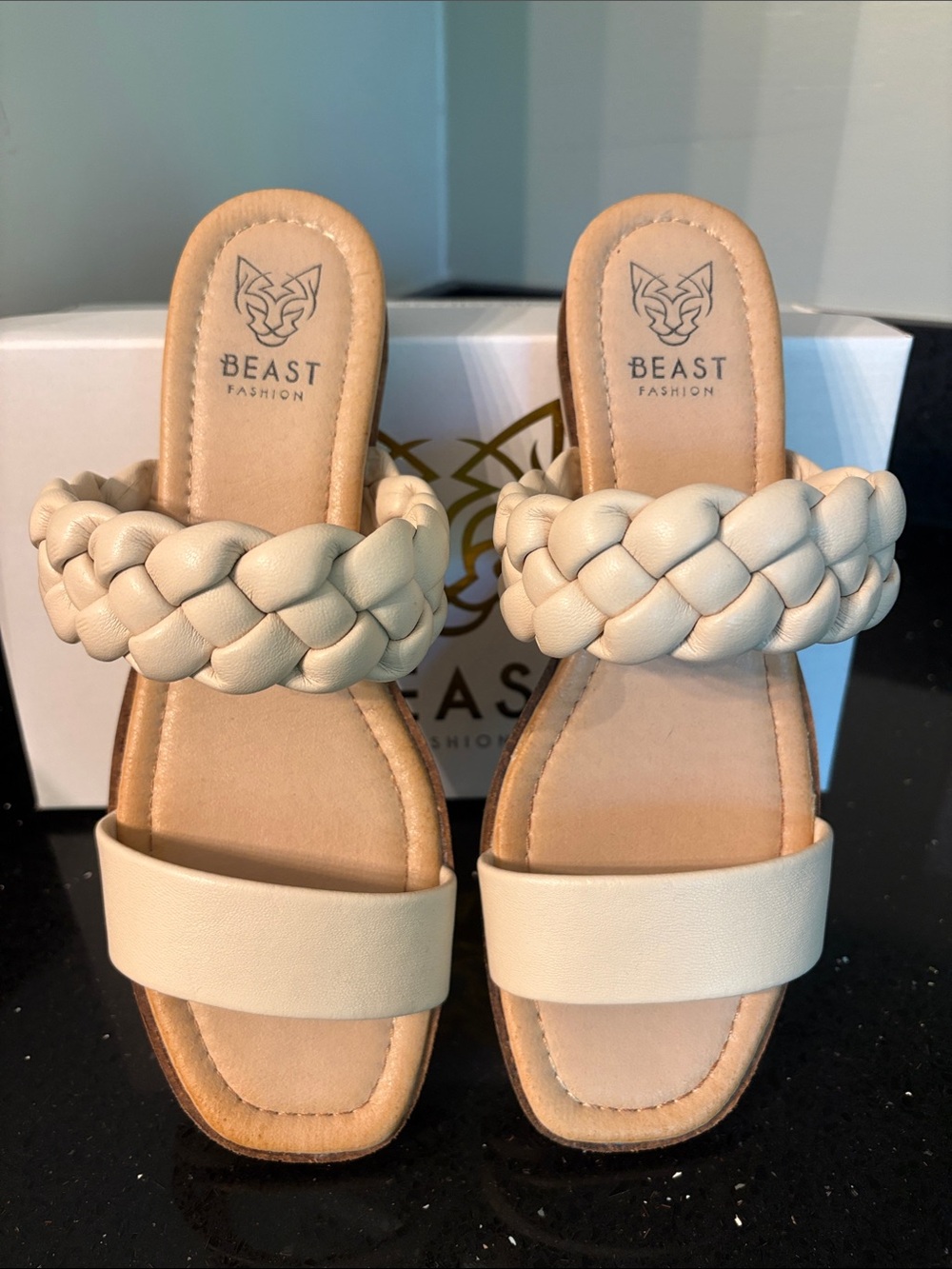 Beast Fashion Braided & Smooth Strap Slide Sandals Cream BOHO Beach Vacation - Picture 2 of 16